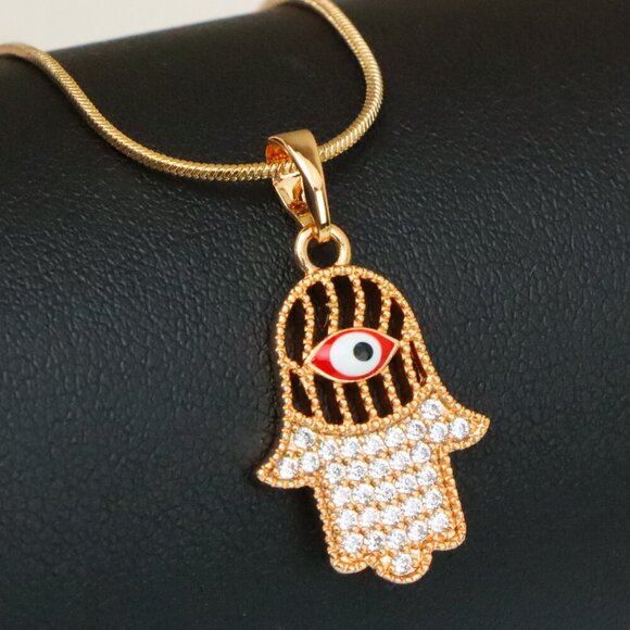 "Rose Gold Hamsa Hand Pendant with Evil Eye and Sparkling Stones, XPPT1386 - Picture 1 of 13